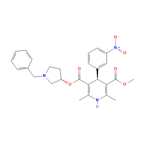 (+)-(3'S,4S)-1-Benzyl-3-pyrrolidinyl methyl 1,4-dihydro-2,6-dimethyl-4-(3-nitrophenyl)-3,5-pyridinedicarboxylate (CAS: 104713-75-9) - Chemical Structure and Molecular Formula 