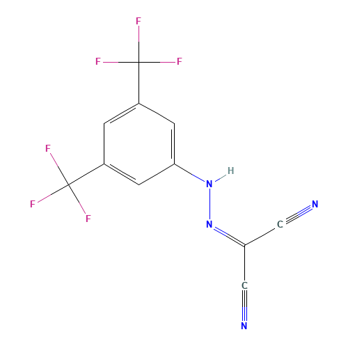 2-(2-[3,5-BIS(TRIFLUOROMETHYL)PHENYL]HYDRAZONO)MALONONITRILE (CAS: 138555-70-1) - Chemical Structure and Molecular Formula 