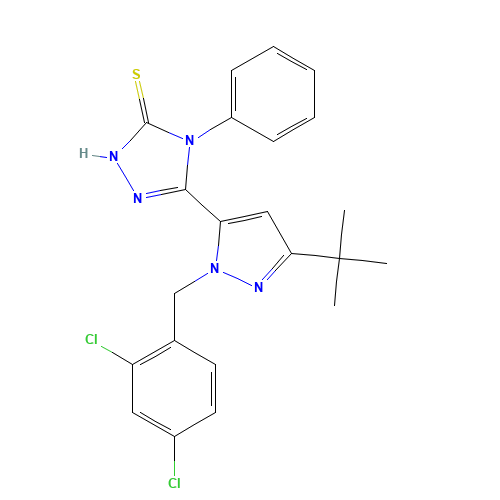 5-[3-(TERT-BUTYL)-1-(2,4-DICHLOROBENZYL)-1H-PYRAZOL-5-YL]-4-PHENYL-4H-1,2,4-TRIAZOLE-3-THIOL (CAS: 306937-09-7) - Chemical Structure and Molecular Formula 