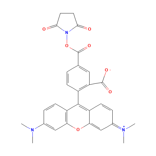6-CARBOXYTETRAMETHYLRHODAMINE N-HYDROXYSUCCINIMIDE ESTER (CAS: 150810-68-7) - Chemical Structure and Molecular Formula 