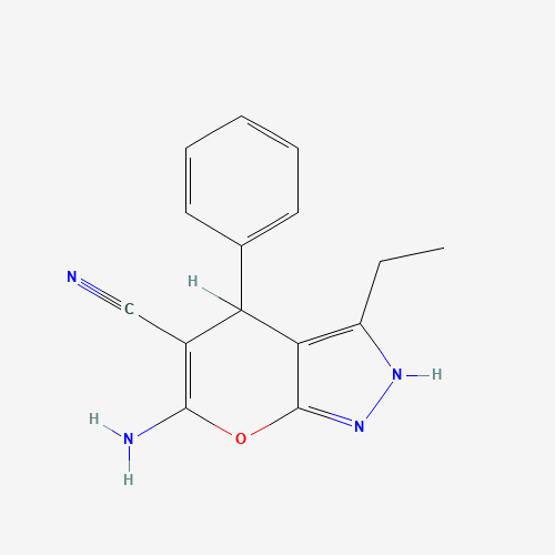 6-AMINO-3-ETHYL-4-PHENYL-1,4-DIHYDROPYRANO[2,3-C]PYRAZOLE-5-CARBONITRILE (CAS: 444790-63-0) - Chemical Structure and Molecular Formula 
