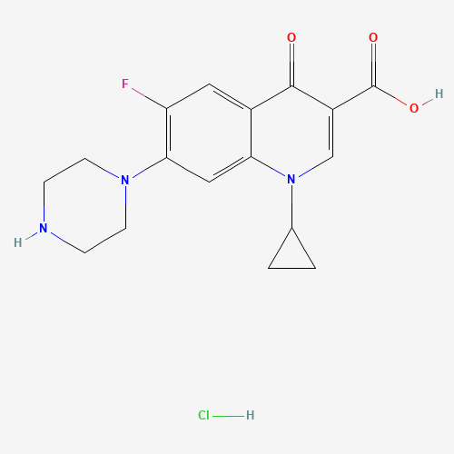 1-Cyclopropyl-6-fluoro-1,4-dihydro-4-oxo-7-(1-piperazinyl)-3-quinolinecarboxylic acid hydrochloride (CAS: 93107-08-5) - Chemical Structure and Molecular Formula 