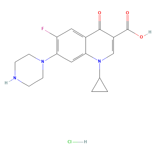 1-Cyclopropyl-6-fluoro-1,4-dihydro-4-oxo-7-(1-piperazinyl)-3-quinolinecarboxylic acid hydrochloride (CAS: 93107-08-5) - Chemical Structure and Molecular Formula 