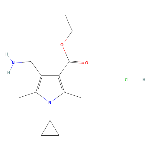 ETHYL 4-(AMINOMETHYL)-1-CYCLOPROPYL-2,5-DIMETHYL-1H-PYRROLE-3-CARBOXYLATE HYDROCHLORIDE (CAS: 465515-33-7) - Chemical Structure and Molecular Formula 