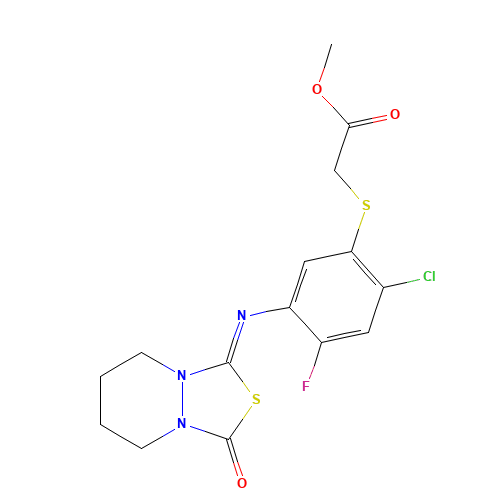Methyl 2-[2-chloro-4-fluoro-5-[(3-oxo-5,6,7,8-tetrahydro-[1,3,4]thiadiazolo[3,4-a]pyridazin-1-ylidene)amino]phenyl]sulfanylacetate (CAS: 117337-19-6) - Related Chemical Product