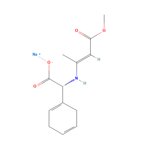 (R)-(+)-alpha-[(3-Methoxy-1-methyl-3-oxo-1-propenyl)amino]-1,4-cyclohexadiene-1-acetic acid sodium salt (CAS: 26774-89-0) - Chemical Structure and Molecular Formula 