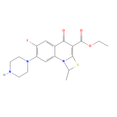 Ethyl 6-fluoro-1-methyl-4-oxo-7-(1-piprazinyl)-4H-[1,3]thiazeto[3,2-a]quinoline-3-carboxylate (CAS: 113028-17-4) - Chemical Structure and Molecular Formula 