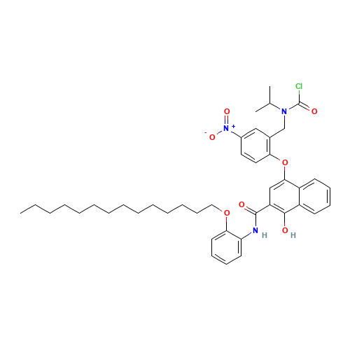 4-(2-(N-CHLOROCARBONYL-N-ISOPROPYL)AMINOMETHYL-4-NITRO)PHENOXY-1-HYDROXY-N-(2-TETRADECYLOXYPHENYL)-2-NAPHTHALENE CARBOXAMIDE (CAS: 127344-30-3) - Chemical Structure and Molecular Formula 