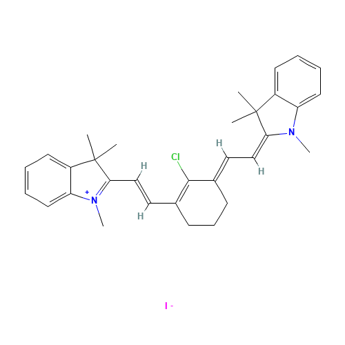 2-[2-[2-CHLORO-3-[(1,3-DIHYDRO-1,3,3-TRIMETHYL-2 H-INDOL-2-YLIDENE) ETHYLIDENE]-1-CYCLOHEXEN-1-YL]ETHENYL]-1,3,3-TRIMETHYLINDOLIUM IODIDE (CAS: 56289-67-9) - Chemical Structure and Molecular Formula 