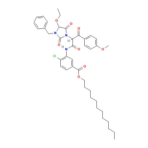 alpha-(4-Methoxybenzoyl)-alpha-(1-benzyl-5-ethoxyhydantion)-2-chloro-5-dodecyloxycarbonyl acetanilide (CAS: 70950-45-7) - Chemical Structure and Molecular Formula 