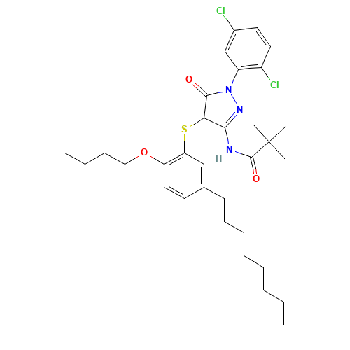1-(2',5'-Dichlorophenyl)-3-terpentylamido-4-(2'-butoxy-5'-tertoctylbenzenesulfenyl)-2-pyrazoline-5-keto (CAS: 89035-11-0) - Chemical Structure and Molecular Formula 