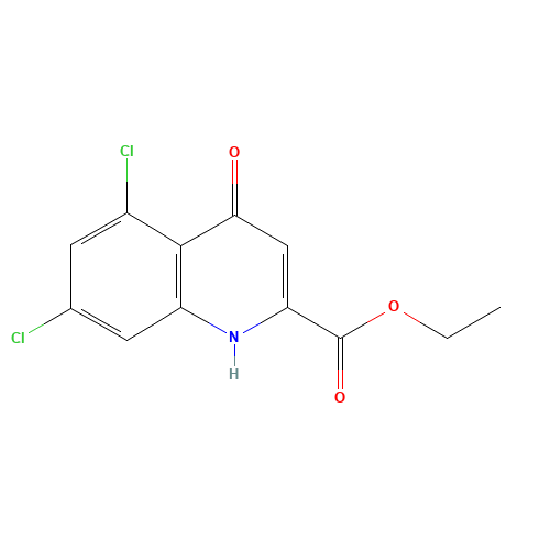 5,7-DICHLORO-4-HYDROXY-QUINOLINE-2-CARBOXYLIC ACID ETHYL ESTER (CAS: 157848-08-3) - Chemical Structure and Molecular Formula 