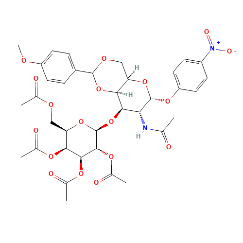 2-Acetamido-2-deoxy-4,6-O-(4-methoxybenzylidene)-3-O-(2,3,4,6-tetra-O-acetyl-b-D-galactopyranosyl)-4-nitrophenyl-a-D-galactopyranoside (CAS: 59837-11-5) - Chemical Structure and Molecular Formula 