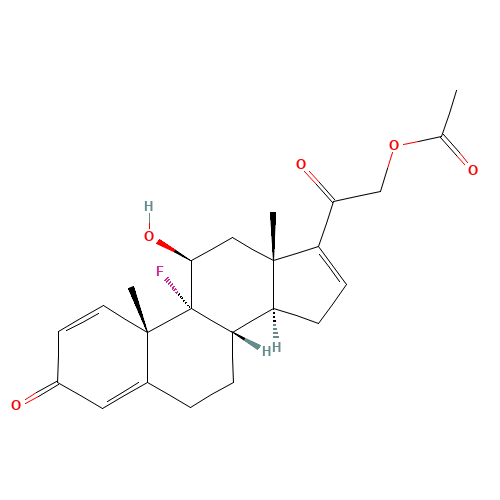 21-Acetoxy-9a-fluoro-11b-hydroxypregna-1,4,16-triene-3,20-dione (CAS: 1250-85-7) - Chemical Structure and Molecular Formula 