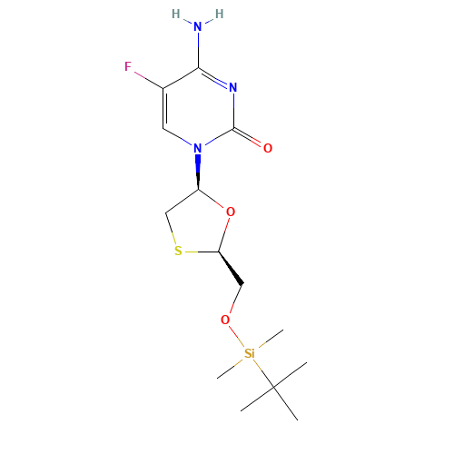 4-Amino-1-((2R,5S)-2-((tert-butyldimethylsilyloxy)methyl)-1,3-oxathiolan-5-yl)-5-fluoropyrimidin-2(1H)-one (CAS: 1365246-84-9) - Chemical Structure and Molecular Formula 