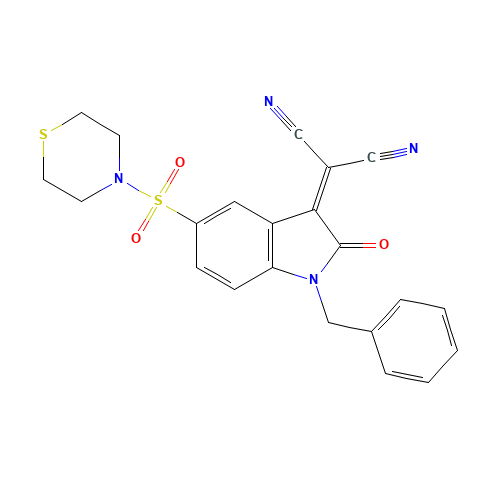 2-[(1-Benzyl-2-oxo-5-(thiomorpholinosulfonyl)indolin-3-ylidene]malononitrile (CAS: 1144853-53-1) - Chemical Structure and Molecular Formula 