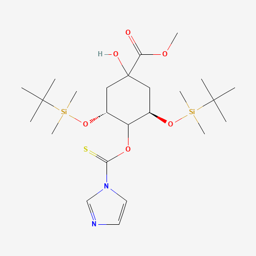 (1a,3R,4a,5R)-3,5-Bis[[(1,1-dimethylethyl)dimethylsilyl]oxy]-1-hydroxy-4-(1H-imidazol-1-ylthioxomethoxy)-cyclohexanecarboxylic Acid Methyl Ester (CAS: 139356-32-4) - Chemical Structure and Molecular Formula 
