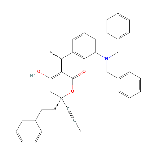 [R-(R*,R*)]-3-[1-[3-[Bis(phenylmethyl)amino]phenyl]propyl]-5,6-dihydro-4-hydroxy-6-(2-phenylethyl)-6-(1-propynyl)-2H-pyran-2-one (CAS: 188559-25-3) - Related Chemical Product