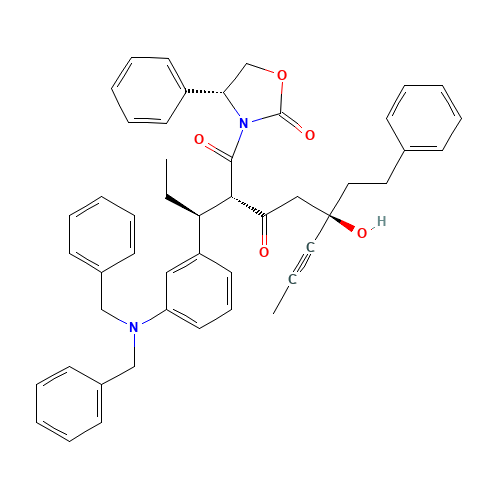 [4R-[3(2(S*),5(R*),4R]]-3-[2-[1-[3-[Bis(phenylmethyl)amino]phenyl]propyl]-5-hydroxy-1,3-dioxo-5-(2-phenylethyl)-6-octynyl]-4-phenyl-2-oxazolidinone (CAS: 188559-22-0) - Chemical Structure and Molecular Formula 