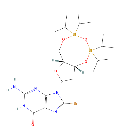 8-Bromo-N9-[3',5'-O-(1,1,3,3-tetrakis(isopropyl)-1,3-disiloxanediyl)-b-D-2'-deoxyribofuranosyl]guanine (CAS: 769141-88-0) - Chemical Structure and Molecular Formula 