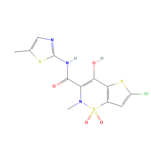 6-Chloro-4-hydroxy-2-methyl-N-(5-methyl-2-thiazolyl)-2H-thieno[2,3-e]-1,2-thiazine-3-carboxamide 1,1-Dioxide (CAS: 479482-38-7) - Chemical Structure and Molecular Formula 