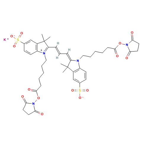 Cyanine 3 Bihexanoic Acid Dye,Succinimidyl Ester,Potassium Salt (CAS: 1311966-47-8) - Chemical Structure and Molecular Formula 