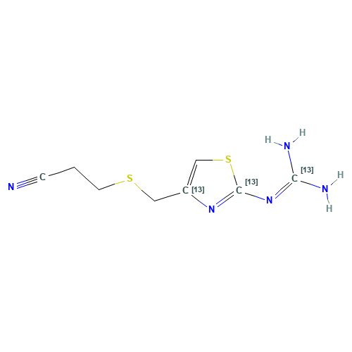 3-[[[2-[(Diaminomethylene]amino-4-thiazolyl]thio]propionitrile-13C3 (CAS: 1185040-73-6) - Chemical Structure and Molecular Formula 