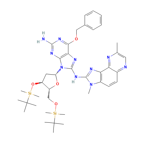 3',5'-Di-O-tert-butyldimethylsilyl-2'-deoxy-8-[(3-methyl-8-methyl-3H-imidazo[4,5-f]quinoxalin-2-yl)amino]-6-O-benzyl-guanosine (CAS: 896719-54-3) - Chemical Structure and Molecular Formula 