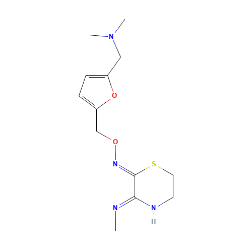 5,6-Dihydro-3-(methylamino)-2H-1,4-thiazin-2-one O-[[5-[(Dimethylamino)methyl]-2-furanyl]methyl]oxime (CAS: 112233-24-6) - Chemical Structure and Molecular Formula 