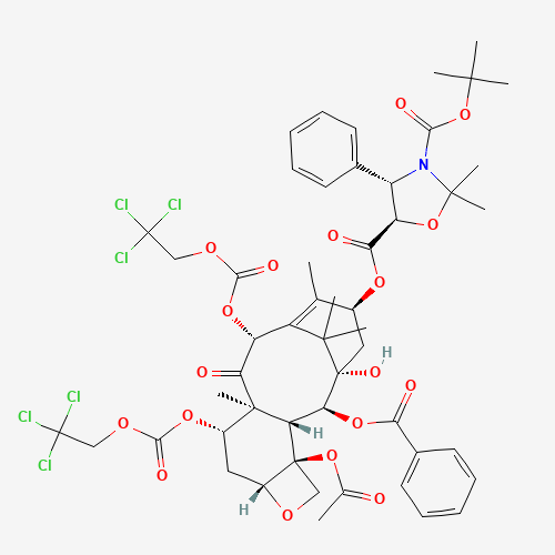 13-{[(3-N-Boc)-2,2-dimethyl-4S-phenyl-1,3-oxazolidin-5R-yl]formyl}-10-deacetyl-7,10-bis{[(2,2,2-trichloroethyl)oxy]carbonyl} Baccatin III (CAS: 143527-76-8) - Chemical Structure and Molecular Formula 