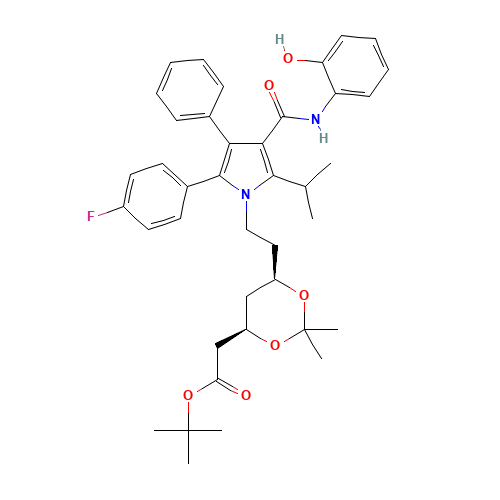 (6-{2-[2-(4-Fluoro-phenyl)-4-(2-hydroxy-phenylcarbamoyl)-5-isopropyl-3-phenyl-pyrrol-1-yl]-ethyl}-2,2-dimethyl-[1,3]-dioxane-4-yl)-acetic Acid, tert-Butyl Ester (CAS: 265989-40-0) - Chemical Structure and Molecular Formula 
