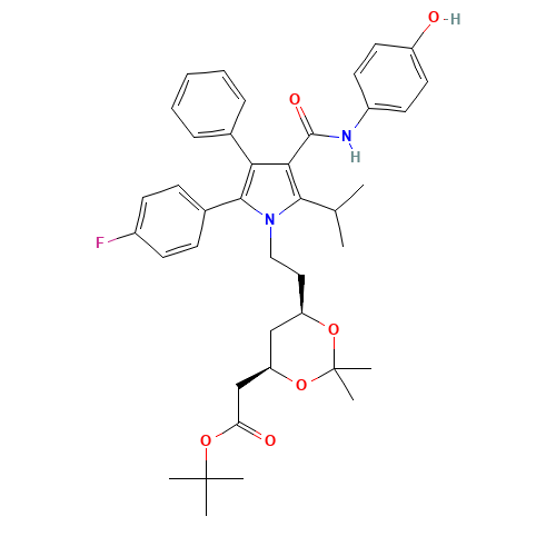 (6-{2-[2-(4-Fluoro-phenyl)-4-(4-hydroxy-phenylcarbamoyl)-5-isopropyl-3-phenyl-pyrrol-1-yl]-ethyl}-2,2-dimethyl-[1,3]-dioxane-4-yl)-acetic Acid, tert-Butyl Ester (CAS: 265989-36-4) - Chemical Structure and Molecular Formula 