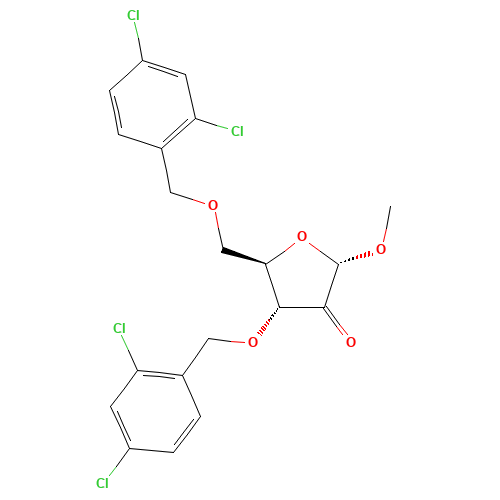 Methyl 3,5-Bis-O-(2,4-dichlorobenzyl)-a-D-erythro-pentofuranosid-2-ulose (CAS: 443642-30-6) - Chemical Structure and Molecular Formula 