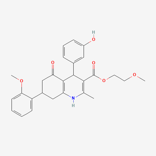 2-Methoxyethyl 4-(3-hydroxyphenyl)-7-(2-methoxyphe nyl)-2-methyl-5-oxo-1,4,5,6,7,8-hexahydroquinolin (CAS: 599150-20-6) - Chemical Structure and Molecular Formula 