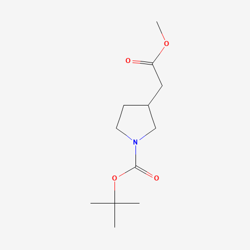 3-Pyrrolidineacetic acid, 1-[(1,1-dimethylethoxy)carbonyl]-, methyl ester (CAS: 890849-27-1) - Chemical Structure and Molecular Formula 