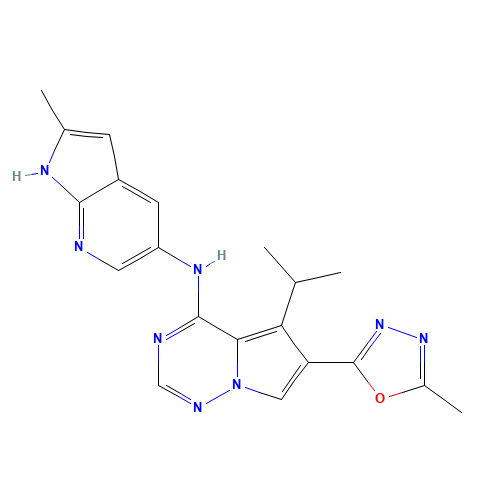 5-Isopropyl-6-(5-methyl-1,3,4-oxadiazol-2-yl)-N-(2-methyl-1H-pyrrolo-[2,3-b]pyridin-5-yl)pyrrolo[2,1-f][1,2,4]triazin-4-amine (CAS: 651744-16-0) - Related Chemical Product