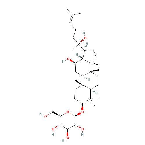(8ξ,9ξ,12a,13ξ,14b,17b)-12-Hydroxy-17-[(2R)-2-hydroxy-6-methyl-5-hepten-2-yl]-4,4,10,14,17-pentamethylgonan-3-yl b-D-glucopyranoside (CAS: 112246-15-8) - Chemical Structure and Molecular Formula 