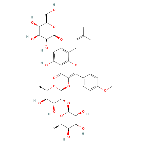 3-{[6-Deoxy-2-O-(6-deoxy-a-L-mannopyranosyl)-a-L-mannopyranosyl]oxy}-5-hydroxy-2-(4-methoxyphenyl)-8-(3-methyl-2-buten-1-yl)-4-oxo-4H-chromen-7-yl b-D-glucopyranoside (CAS: 110642-44-9) - Chemical Structure and Molecular Formula 