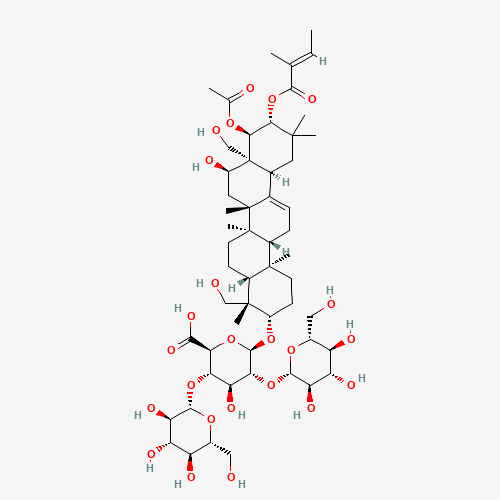 (3b,16a,21b,22a)-22-Acetoxy-16,24,28-trihydroxy-21-{[(2E)-2-methyl-2-butenoyl]oxy}olean-12-en-3-yl b-D-glucopyranosyl-(1->2)-[b-D-glucopyranosyl-(1->4)]-b-D-glucopyranosiduronic acid (CAS: 123748-68-5) - Chemical Structure and Molecular Formula 