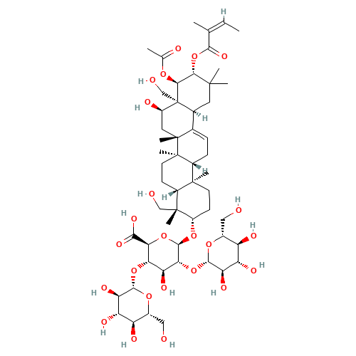 (3b,16a,21b,22a)-22-Acetoxy-16,24,28-trihydroxy-21-{[(2Z)-2-methyl-2-butenoyl]oxy}olean-12-en-3-yl b-D-glucopyranosyl-(1->2)-[b-D-glucopyranosyl-(1->4)]-b-D-glucopyranosiduronic acid (CAS: 26339-90-2) - Related Chemical Product