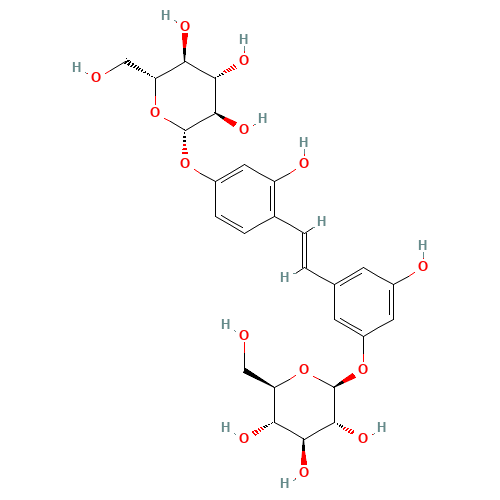 3-{(E)-2-[4-(b-D-Glucopyranosyloxy)-2-hydroxyphenyl]vinyl}-5-hydroxyphenyl b-D-glucopyranoside (CAS: 102841-42-9) - Chemical Structure and Molecular Formula 