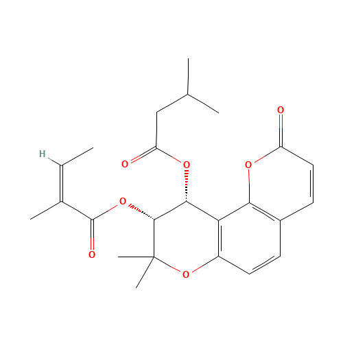 (9R,10R)-8,8-Dimethyl-10-[(2-methylbutanoyl)oxy]-2-oxo-9,10-dihydro-2H,8H-pyrano[2,3-f]chromen-9-yl (2Z)-2-methylbut-2-enoate (CAS: 72463-77-5) - Chemical Structure and Molecular Formula 
