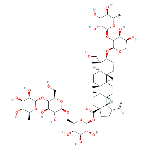 6-Deoxy-?-L-mannopyranosyl-(1->4)-?-D-glucopyranosyl-(1->6)-1-O-[(3?)-3-{[2-O-(6-deoxy-?-L-mannopyranosyl)-?-L-arabinopyranosyl]oxy}-23-hydroxy-28-oxolup-20(29)-en-28-yl]-?-D-gluc (CAS: 129741-57-7) - Chemical Structure and Molecular Formula 
