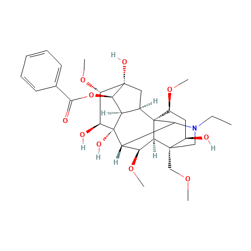 (1a,3a,6a,14a,15a,16b)-20-Ethyl-3,8,13,15-tetrahydroxy-1,6,16-trimethoxy-4-(methoxymethyl)aconitan-14-yl benzoate (CAS: 466-24-0) - Related Chemical Product