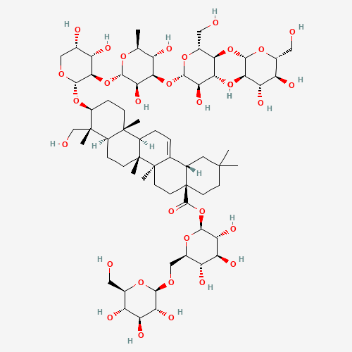 6-O-?-D-Glucopyranosyl-1-O-[(3?)-3-{[?-D-glucopyranosyl-(1->4)-?-D-glucopyranosyl-(1->3)-6-deoxy-?-L-mannopyranosyl-(1->2)-?-L-arabinopyranosyl]oxy}-23-hydroxy-28-oxoolean-12-en-28 (CAS: 136849-88-2) - Chemical Structure and Molecular Formula 