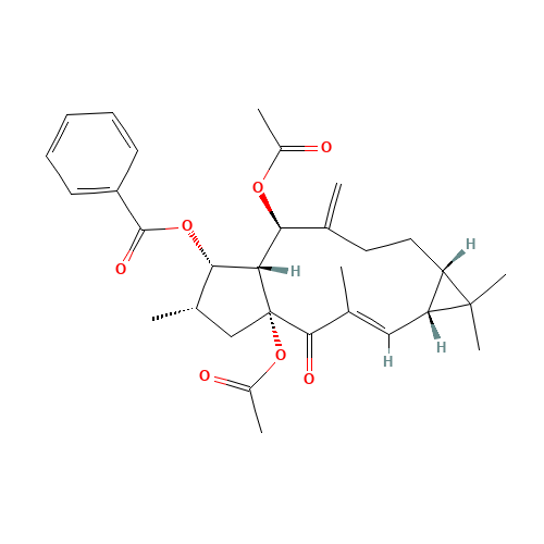 (1aR,4aR,6S,7S,7aR,8R,11aS)-4a,8-Diacetoxy-1,1,3,6-tetramethyl-9-methylene-4-oxo-1a,4,4a,5,6,7,7a,8,9,10,11,11a-dodecahydro-1H-cyclopenta[a]cyclopropa[f][11]annulen-7-yl benzoate (CAS: 218916-52-0) - Chemical Structure and Molecular Formula 