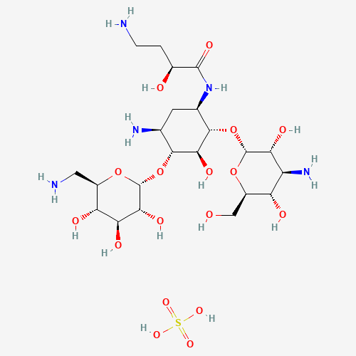 (2S)-4-Amino-N-{(1R,2S,3S,4R,5S)-5-amino-2-[(3-amino-3-deoxy-a-D-glucopyranosyl)oxy]-4-[(6-amino-6-deoxy-a-D-glucopyranosyl)oxy]-3-hydroxycyclohexyl}-2-hydroxybutanamide sulfate (1:2) (CAS: 149022-22-0) - Chemical Structure and Molecular Formula 