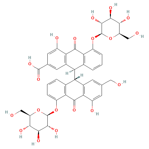 5,5'-Bis(b-D-glucopyranosyloxy)-4,4'-dihydroxy-2'-(hydroxymethyl)-10,10'-dioxo-9,9',10,10'-tetrahydro-9,9'-bianthracene-2-carboxylic acid (CAS: 37271-17-3) - Chemical Structure and Molecular Formula 