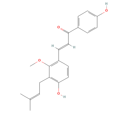 2-Propen-1-one,3-[4-hydroxy-2-methoxy-3-(3-methyl-2-buten-1-yl)phenyl]-1-(4-hydroxyphenyl)-,(2E)- (CAS: 144506-14-9) - Chemical Structure and Molecular Formula 