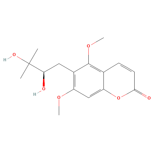 6-(2,3-Dihydroxy-3-methylbutyl)-5,7-dimethoxy-2H-chromen-2-one (CAS: 483-90-9) - Chemical Structure and Molecular Formula 